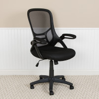 Flash Furniture HL-0016-1-BK-BK-GG High Back Black Mesh Ergonomic Swivel Office Chair with Black Frame and Flip-up Arms